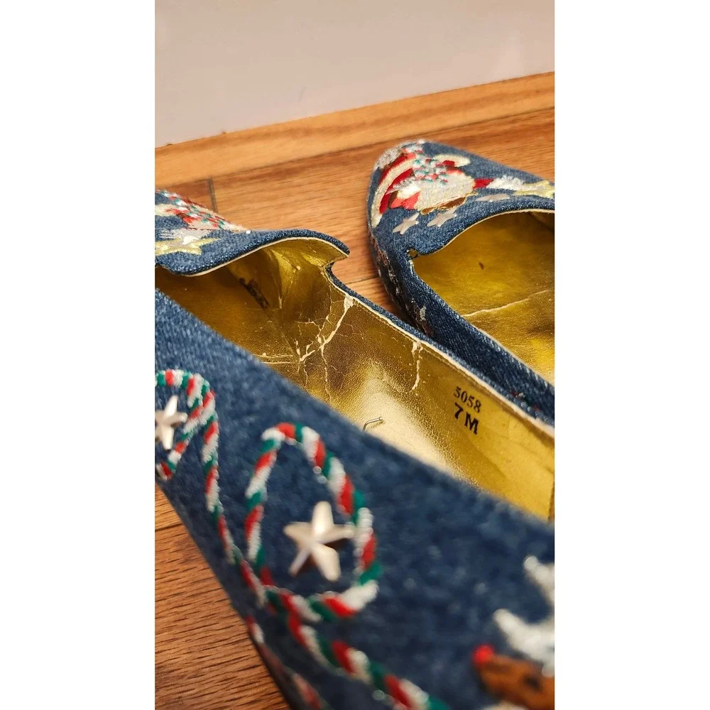 J Renee Santa Holiday Ballet Flats Women's 7 M‎ Blue Embroidered Slip On Vintage